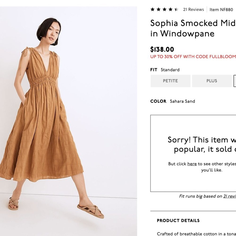 MADEWELL SOPHIA SMOCKED MIDI DRESS IN WINDOWPANE M NWT